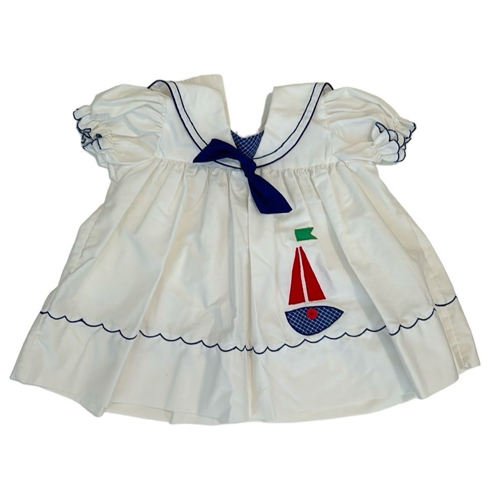 Vintage Pinafore Collared Sailboat Summer Dress 12M